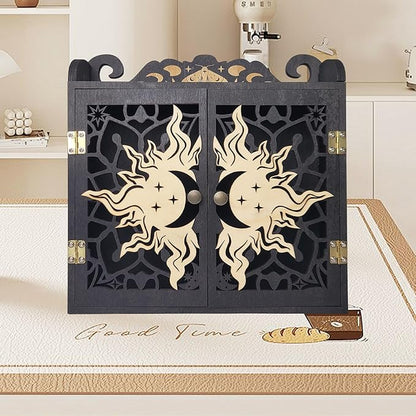 Large Crystal Display Shelf Case for Stones, Carved Sun Crescent Moon Shelf, Trinket Shelf Nail Polish Rack Crystal Holder Essential Oil Storage Rock Cabinet Gem Stone Organizer