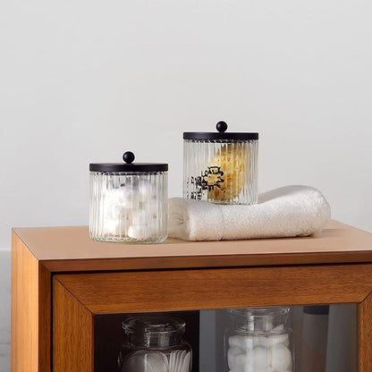 KMwares 4-Pack Glass Qtip Holder Dispenser Set for Cotton Ball, Swab, Round Pads, Floss Picks - Bathroom Canister Storage Organization and Vanity Makeup Organizer(Clear-4)