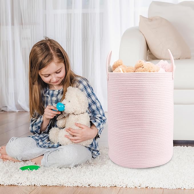 Woven Cotton Rope Laundry basket-15”X20” Laundry Hamper-Rope Storage Basket for Dirty Clothes, Toys and Blankets Perfect for Bathroom, Baby nursery and Living Room Storage (pink)
