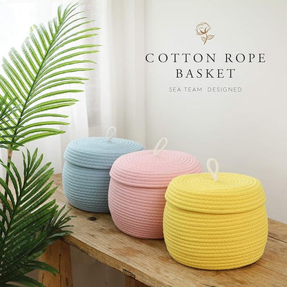Sea Team Round Cotton Rope Storage Basket with Lid, Decorative Woven Storage Bin, Pot, Caddy, Organizer, Container for Snacks, Towels, Plants, 10 x 7.5 Inches (Small, Yellow)