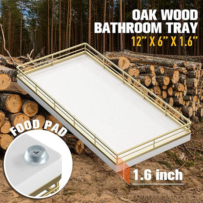 Bathroom Vanity Tray for Countertop, 12" x 6" Oak Wood Toilet Tank Tray with Metal Guardrail, Bathroom Organizer for Soap, Perfume & Skincare, Non-Slip Decorative Tray for Dresser, Gold & White