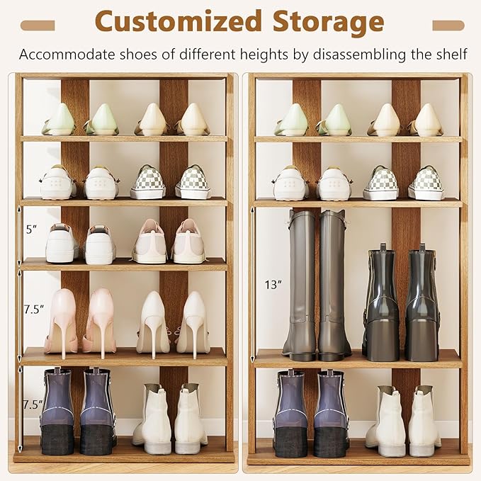 Giantex 8-Tier Wooden Shoe Rack, Patented Double Row Shoe Organizer for 16 Pairs, Customizable Height, Space-Saving Shoe Storage Stand for Entryway, Hallway, Living Room, Bedroom, Natural
