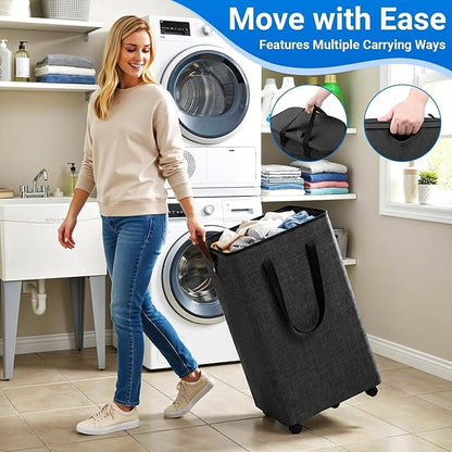 Laundry Basket with 5 Wheels, Tall Dirty Laundry Hamper, Rolling Laundry Basket with Lid, Large 100L Collapsible Clothes Hamper for Laundry Room Bedroom Bathroom Dorm, Dark Gray