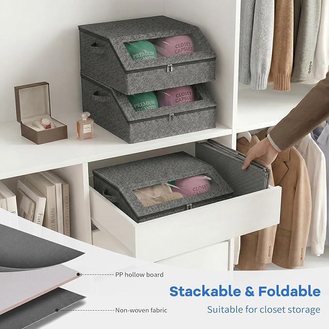 Hat Storage for Baseball Caps, Holds up to 24 Caps, Stackable Hat Organizer for Closet, Dustproof Hat Box with Clear Window, Hollow Board Support & 2 Handles, Flip-Top Access (Charcoal Gray)
