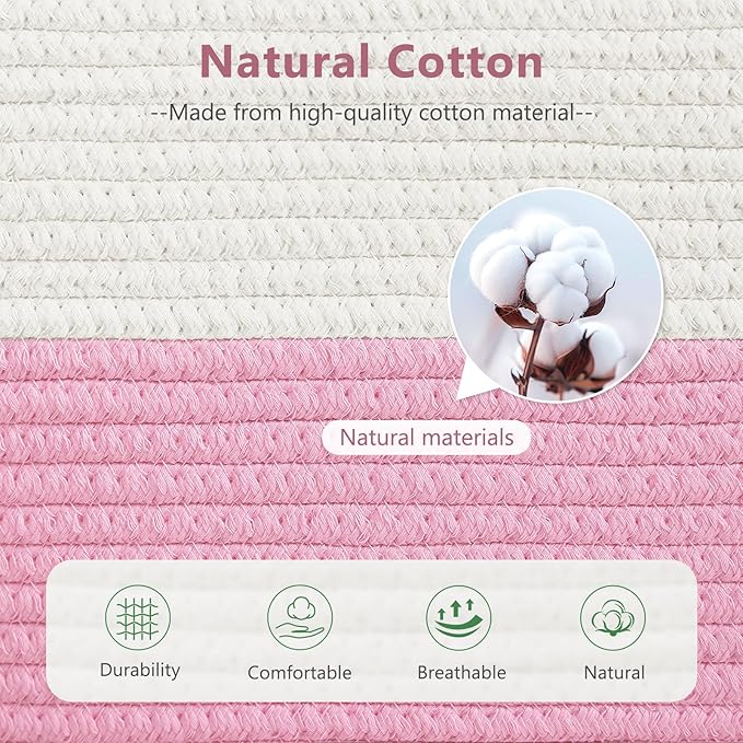 ECDYQXVU Cotton Rope Shelf Storage Basket, 15x10x9 in, Shelf Storage Baskets for Clothes, Towels, Books, Laundry (White/ Pink, 2 Pack)