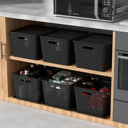 6-Pack Plastic Storage Baskets with Lid, Lidded Storage Organizer Bin, Black