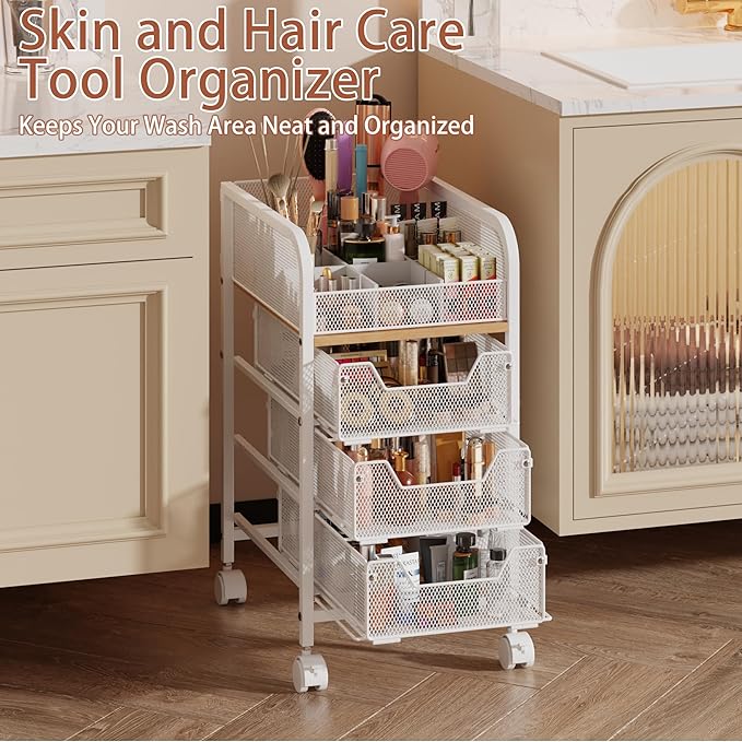 Rolling Makeup Cart Organizer with 3 Drawers, 4-Tier Narrow Floor Skincare Organizers with dividers, Vanity Organizer Cosmetics Display Cases for Makeup Brush, Hair Tool, White