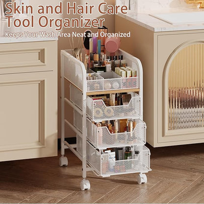 Rolling Makeup Cart Organizer with 3 Drawers, 4-Tier Narrow Floor Skincare Organizers with dividers, Vanity Organizer Cosmetics Display Cases for Makeup Brush, Hair Tool, White
