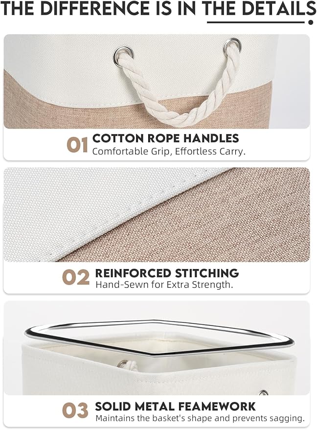 Temary 6-Pack Cube Storage Bins, 11 Inch Foldable Fabric Storage Cubes with Cotton Rope Handles, Sturdy Linen Organizer Baskets with Metal Frame for Shelves, Closet, Nursery (White&Khaki)