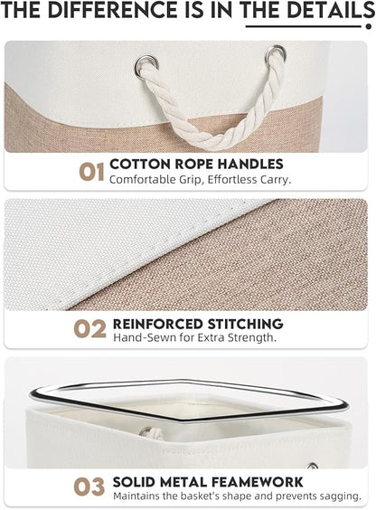 Temary 6-Pack Cube Storage Bins, 11 Inch Foldable Fabric Storage Cubes with Cotton Rope Handles, Sturdy Linen Organizer Baskets with Metal Frame for Shelves, Closet, Nursery (White&Khaki)
