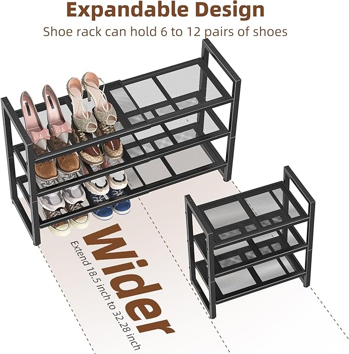 Simple Trending 3-Tier Expandable Shoe Rack, Adjustable & Stackable Shoe Organizer, Metal Mesh Free Standing Shoe Shelf Storage for Closet Entryway Doorway, Black