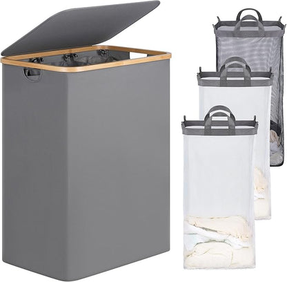 efluky Laundry Hamper with Lid, Trio Laundry Basket with 2 Removable Bags, 3 Section Laundry Bin with Bamboo Handles for Bathroom, Bedroom & Laundry Room, 160L (42.3 Gallon) Silver Grey
