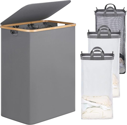 efluky Laundry Hamper with Lid, Trio Laundry Basket with 2 Removable Bags, 3 Section Laundry Bin with Bamboo Handles for Bathroom, Bedroom & Laundry Room, 160L (42.3 Gallon) Silver Grey