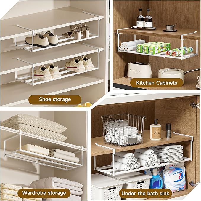 UFORU Expandable Hanging Shoe Rack Organizer for Closet, Adjustable Shoe Rack Under Cabinet Shelf, Versatile Under Shelf Storage for Kitchen, Book, Clothing Storage and Organization(White,4PCS)