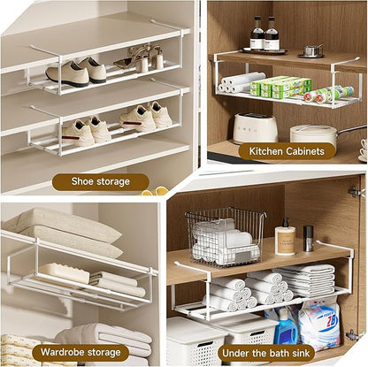 UFORU Expandable Hanging Shoe Rack Organizer for Closet, Adjustable Shoe Rack Under Cabinet Shelf, Versatile Under Shelf Storage for Kitchen, Book, Clothing Storage and Organization(White,4PCS)