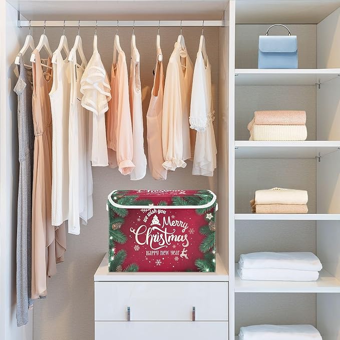 senya Christmas Storage Baskets Collapsible Storage Bins with Lids, Merry Christmas Happy New Year Storage Boxes Clothes Baskets for Organizing