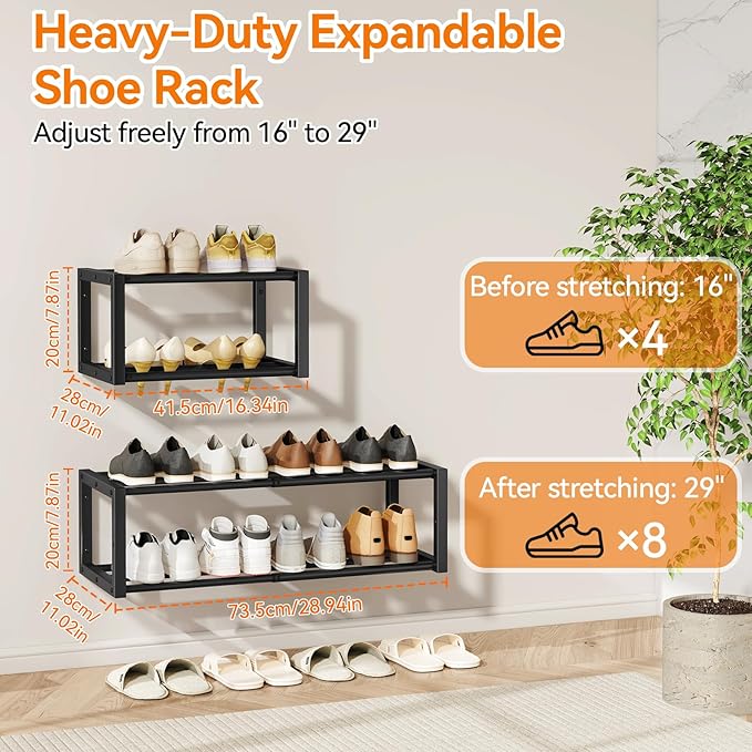 IBUYKE 2 Pack Wall Mounted Shoe Rack, 2-Tier 16"-29" Expandable Hanging Shoe Organizer for 12-16 Pairs, Space Saving Metal Wall Shoe Storage for Entryway Closet, Black TXJ001B-2