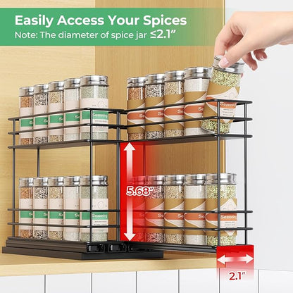 Mystozer Pull Out Spice Rack Organizer for Cabinet, Slide Out Spice Racks, Easy to Install Spice Cabinet Organizers, 5.28" Wx10.43 Dx8.26 H, 2 Drawers 2 Tiers(Black)