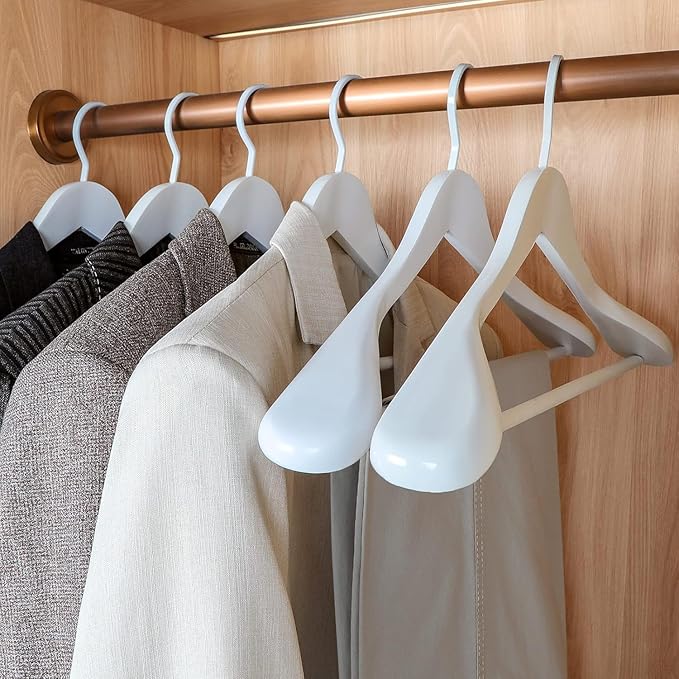 TOPIA HANGER White Wooden Coat Hanger 6 Pack, Wood Suit Hangers,Glossy Finish with Extra-Wide Shoulder, Thicker White Hooks & Anti-Slip Bar,Suitable for Coat, Suit,Dress,Jacket,Heavy Cloth - CT02W