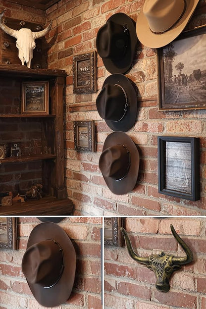 Cowboy Hat Rack for Wall 2 Pack Modern Cast Iron Cowboy Hat Holder Cowgirl Hat Hanger Western Decor Longhorn Wall Hooks Closet Bedroom Living Room Antique Gold Men's Western Gifts