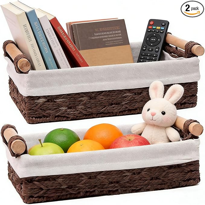 Storage Basket Wicker Baskets for Organizing, Storage Bins for Countertop & Toilet Paper, Toilet Tank Top Organizer (Set of 2, Dark-Brown)