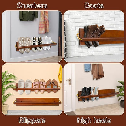 Wall Mounted Shoe Rack 2 Pcs, Solid Wood Wall Hanging Small Shoe Storage, Organize for Shoes, Sneaker, Slipper and Boots in Narrow Spaces, Entryway, Hallway, Trailer or RV, Walnut Color (28.5'' Long)