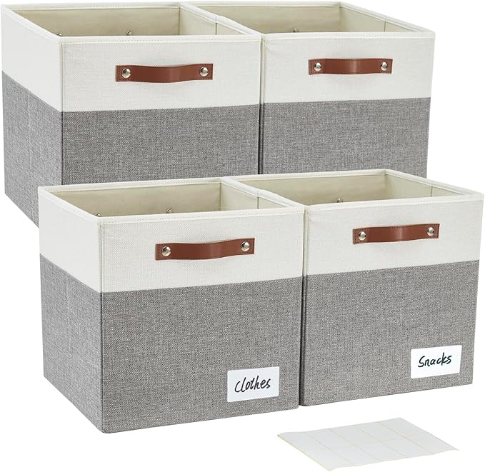 Bagnizer Collapsible Fabric Storage Cube Bins with 2 Reinforced PU Handles, Foldable Storage Organizer Baskets for Closet, Shelves, Living Room | 11"x11"x11", 4 Pack, Gray & White