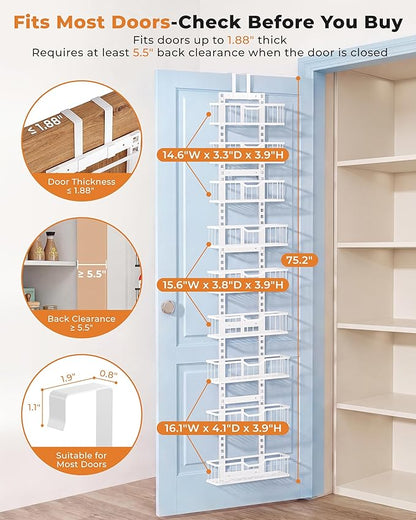 EVERIE Over the Door Pantry Organizer, 9-Tier Heavy Duty Door Storage Rack with Solid Bottom Baskets, Stable No-Bumping Design, Adjustable Hanging Shelves for Kitchen Pantry