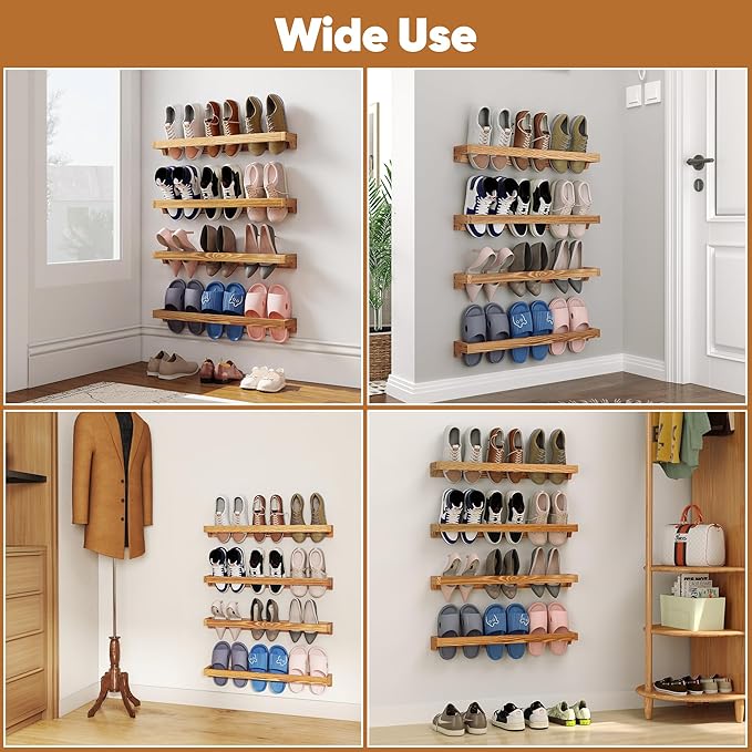 Nisorpa 30 Inch Rustic Burnt Wood Hanging Shoe Rack, Wall Mounted Shoe Rack Storage Organizer Space Saving Footwear Holder for Closet, Mudroom, Entryway, Holds 12 Pairs, Set of 4