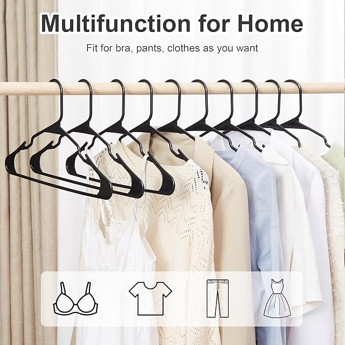VECELO 50 Pack Plastic Hangers-Clothes Hangers Set with Shoulder Non Slip Notches for Closet Space Saving-Heavy Duty Coat Hanger,Black