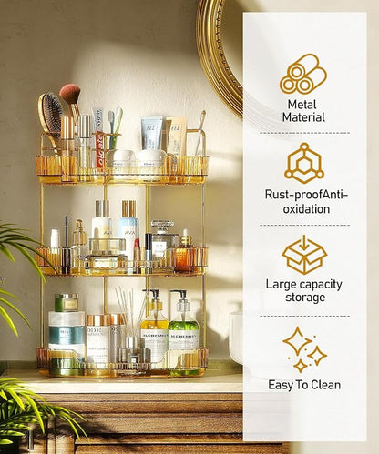 EUHOME 3-Tier Corner Bathroom Counter Organizer Makeup Cosmetic Storage, Tool-Free Installation Acrylic Vanity Shelf, Countertop Storage Organizers Perfume Tray for Bathroom, Dresser, Kitchen (Gold)