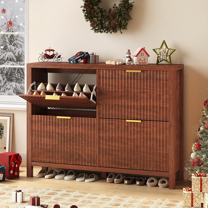 YOMILUVE Shoe Cabinet Storage for Entryway, Fluted Walnut Shoe Cabinet with 4 Flip Drawers, Hidden Shoe Rack Freestanding Wooden Shoe Organizer with Legs for Hallway