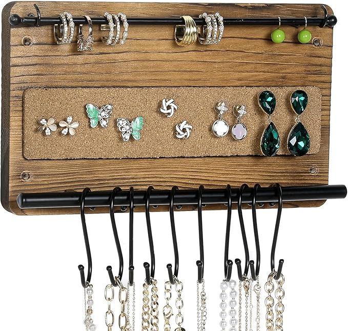 MyGift Wall Mounted Jewelry Organizer, Burnt Wood and Black Metal Necklace Holder, Bracelet, Earring Display Storage Rack with 10 Hanging S-Hooks