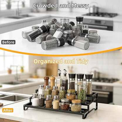3-Tier Spice Rack Organizer, 13"-21.5" Expandable Spice Organization Shelf, Metal Seasoning Organizer for Kitchen Countertop or Pantry, Slip-Resistant Design for Jars and Bottles, Black