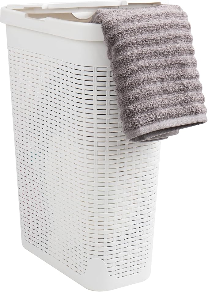Mind Reader Slim Laundry Hamper with Lid, 40L Clothes Basket, Narrow Tapered Design with Ventilated Cutout Pattern, Plastic, White