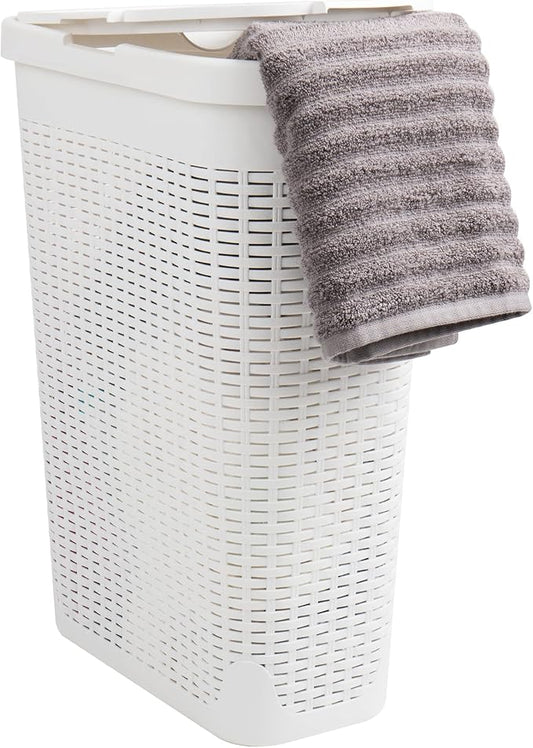 Mind Reader Slim Laundry Hamper with Lid, 40L Clothes Basket, Narrow Tapered Design with Ventilated Cutout Pattern, Plastic, White