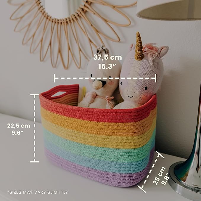 OrganiHaus Rainbow Cotton Rope Baskets for Shelves, Set of 3 - 15"×10"×9½" - Colorful Storage Baskets for Kids - Nursery, Playroom, Classroom - Toy Storage, Books, Towels