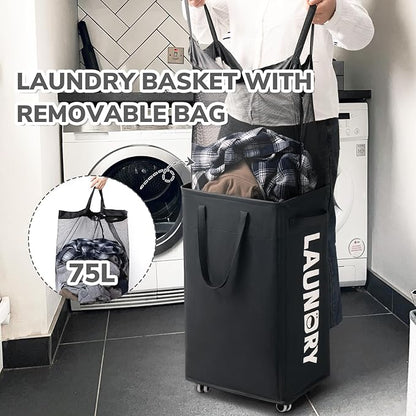 CHICVITA Laundry Hamper with Wheels & Removable Wash Bags -2 Pack, 75L Tall Laundry Basket for Dorms, Large Collapsible Hamper for Corner Spaces - Black