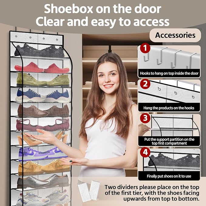 PAULONE 12 Pocket Over the Door Shoe Organizer,Reusable Breathable Large Mesh Bag Men's & Women's Sneaker Organizer,Shoe Organizer for Kids,Hanging Shoe Storage Hanging Bag (White)