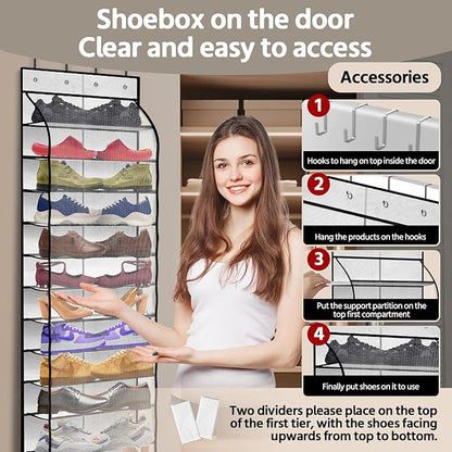 PAULONE 12 Pocket Over the Door Shoe Organizer,Reusable Breathable Large Mesh Bag Men's & Women's Sneaker Organizer,Shoe Organizer for Kids,Hanging Shoe Storage Hanging Bag (White)