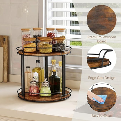 LAMU 9'' Wood Lazy Susan Turntable Organizer for Cabinet, 2 Tier Lazy Susan Spice Rack Organizer for Kitchen, Table Top, Countertop, Pantry, Medicine Organizer