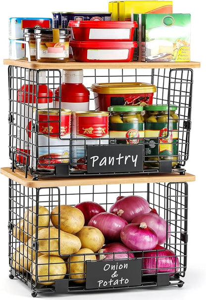 2 Set XL Stackable Wire Basket with Bamboo Tops & Tags- Pantry Organizer and Storage Bins, Kitchen Counter Cabinet Shelf Countertop Under Sink Organizing, Food Snack Produce Onion Potato Bread Storage