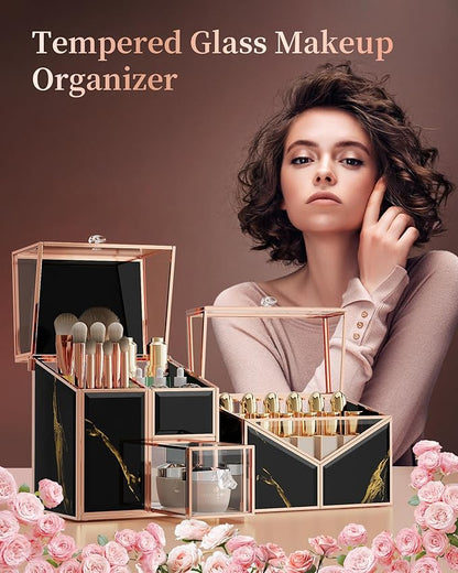CoralHouse black makeup organizer – Vanity Holder with 18-Slot Lipstick Organizer & Covered Makeup Brush Holder – Skincare, Perfume & Cosmetic Display for Bathroom or Dresser