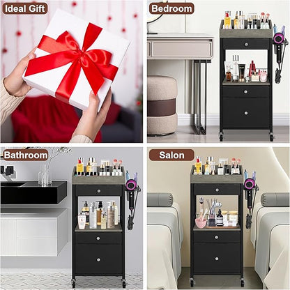 Makeup Organizer Cart with 3 Drawers, Rolling Cosmetic Storage Cart with Adjustable Dividers, Detachable Hair Tool Holder & Lockable Wheels, Vanity Organizer for Small Spaces, Black & Grey