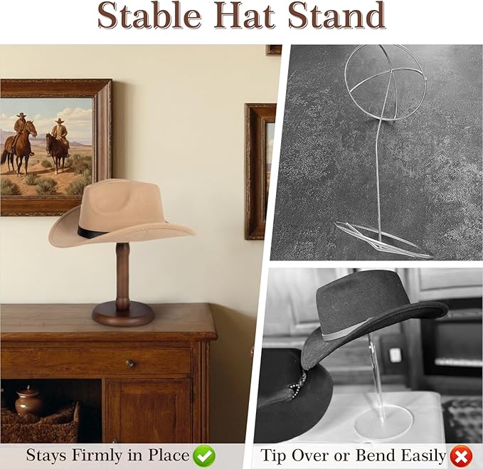 SEKSON Cowboy Hat Stand, Tabletop Hat Display Rack, Solid Wood Hat Holder Stand for Caps Wigs Helmets, Rustic Brown (3 Pack)