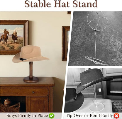 SEKSON Cowboy Hat Stand, Tabletop Hat Display Rack, Solid Wood Hat Holder Stand for Caps Wigs Helmets, Rustic Brown (3 Pack)