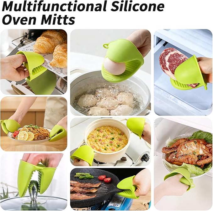Oven Mitts and Pot Holders Sets, Mini Silicone Oven Mitts Heat Resistant (1 Pair), Pot Lid Holder While Cooking (1 Pair), Non-Slip Silicone Pot Holders & Spoon Rest, Dishwasher Safe