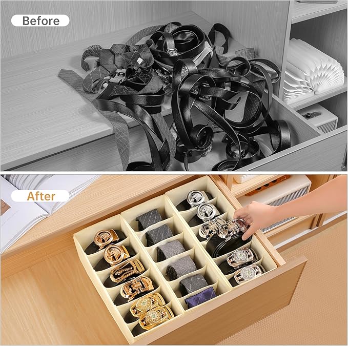3 Packs Fabric Belt Organizer, 6 Grids Belt Organizer for Closet and Drawer, Foldable Dresser Drawer Organizers, Tie Storage -Beige