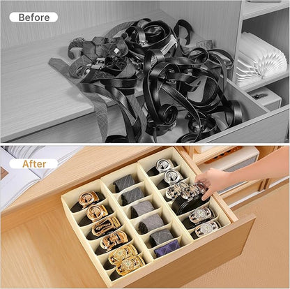 3 Packs Fabric Belt Organizer, 6 Grids Belt Organizer for Closet and Drawer, Foldable Dresser Drawer Organizers, Tie Storage -Beige
