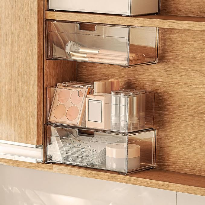 Medicine Cabinet Drawer Organizer Set, 2-Tier Stackable Storage Drawers for Small Bathroom Mirror Toilet Wall Garage Vanity Cabinet - Clear
